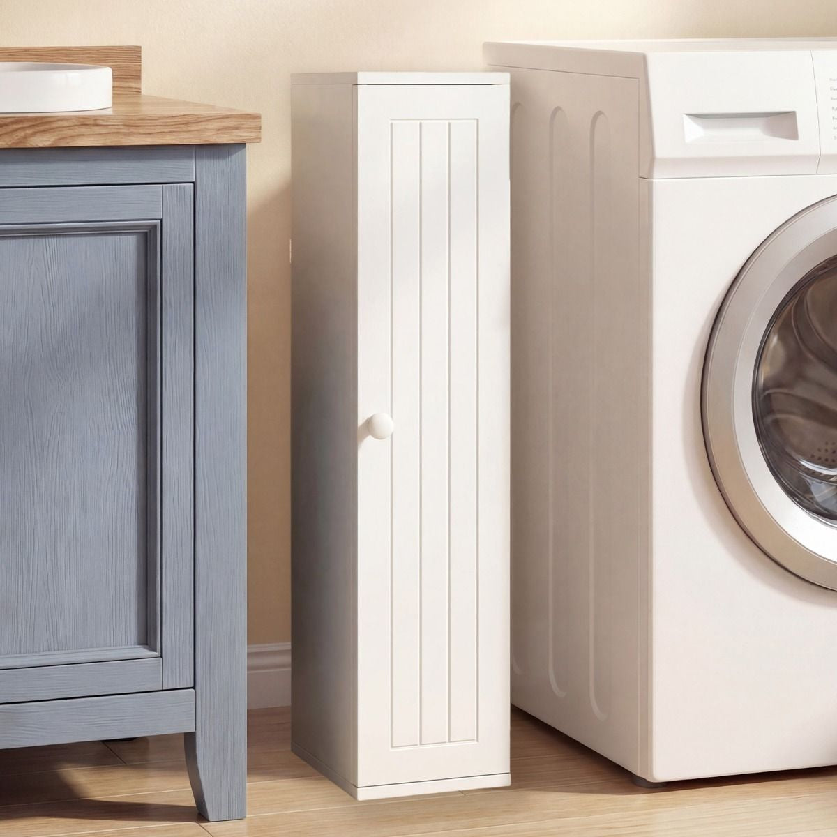 Mueble Baño Estrecho Con Orificio Papel Higiénico Puerta Pomo Estantes Extraíbles Organizador Espacios Reducidos Blanco