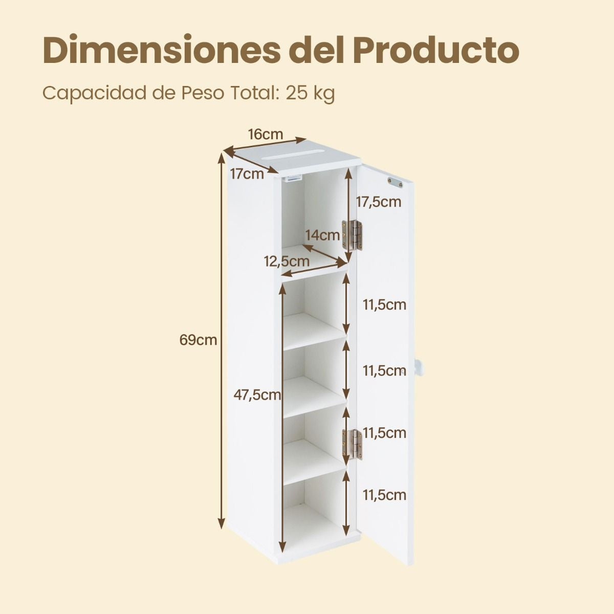 Mueble Baño Estrecho Con Orificio Papel Higiénico Puerta Pomo Estantes Extraíbles Organizador Espacios Reducidos Blanco