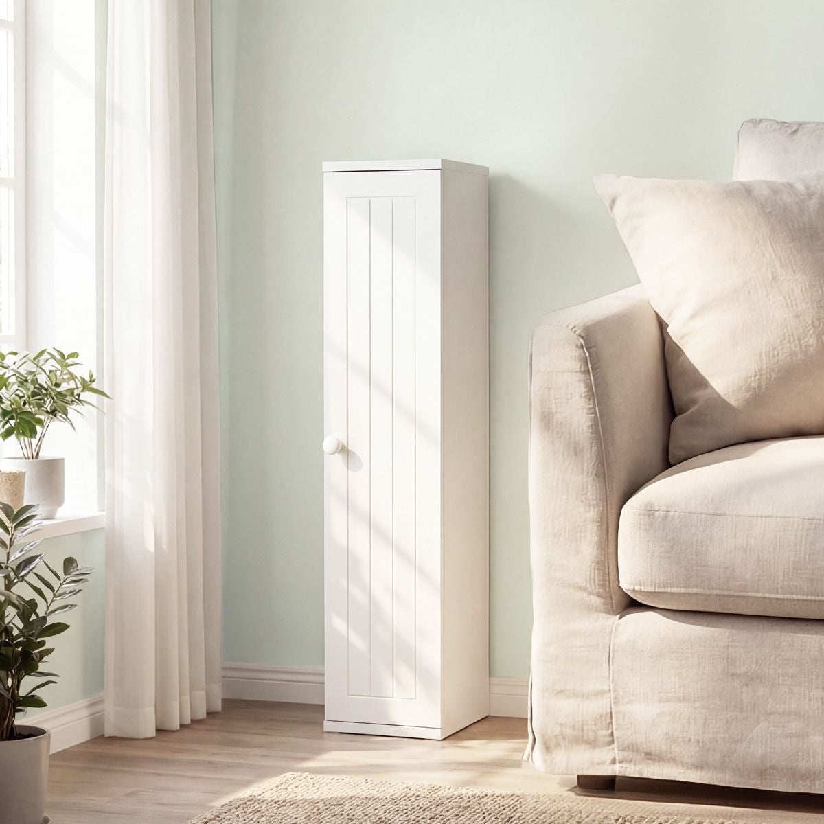 Mueble Baño Estrecho Con Orificio Papel Higiénico Puerta Pomo Estantes Extraíbles Organizador Espacios Reducidos Blanco