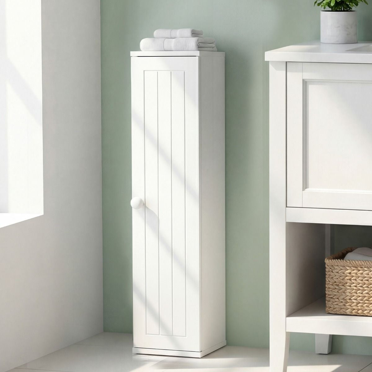 Mueble Baño Estrecho Con Orificio Papel Higiénico Puerta Pomo Estantes Extraíbles Organizador Espacios Reducidos Blanco