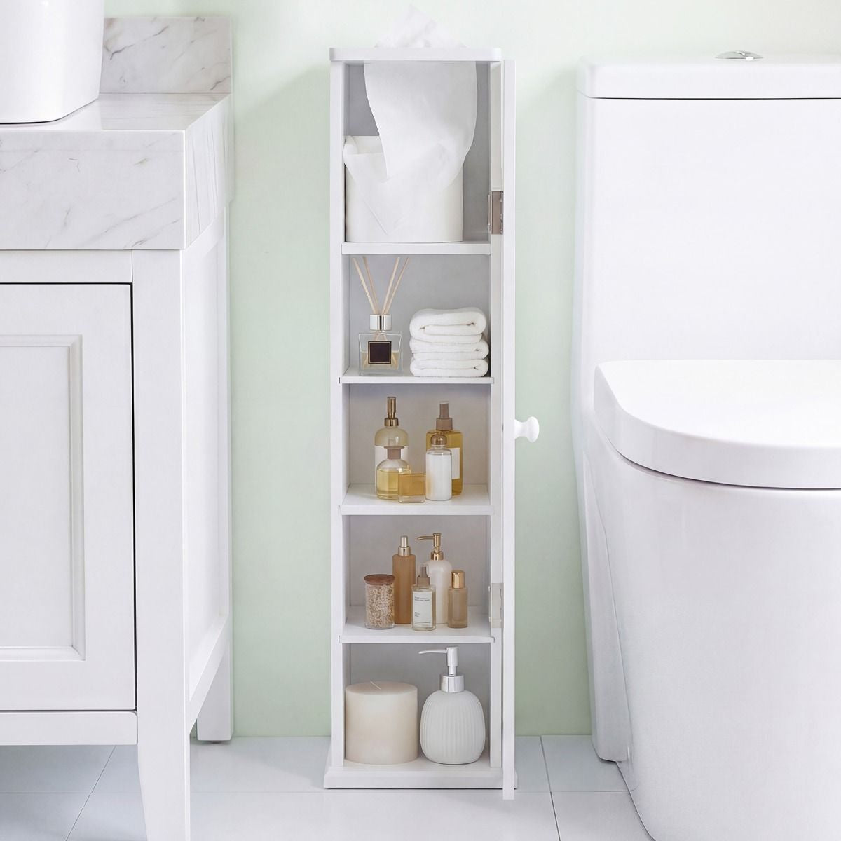 Mueble Baño Estrecho Con Orificio Papel Higiénico Puerta Pomo Estantes Extraíbles Organizador Espacios Reducidos Blanco