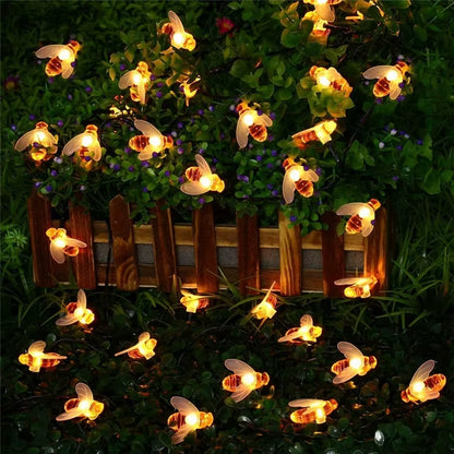New Solar Powered Cute Honey Bee Led String Fairy Light 20Leds 50Leds Bee Outdoor Garden Fence Patio Christmas Garland Lights