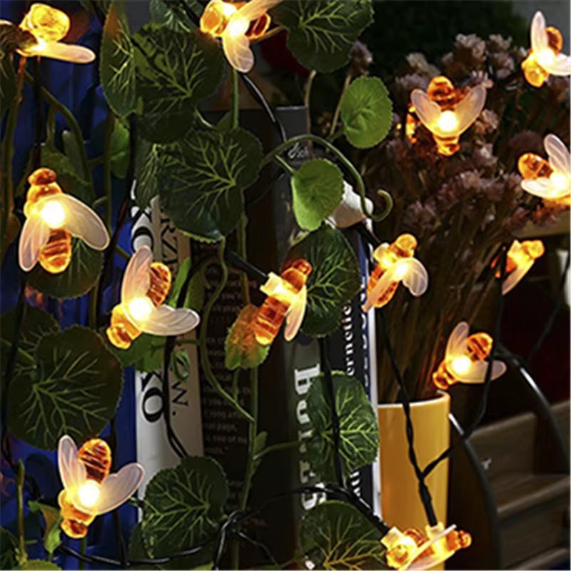 New Solar Powered Cute Honey Bee Led String Fairy Light 20Leds 50Leds Bee Outdoor Garden Fence Patio Christmas Garland Lights