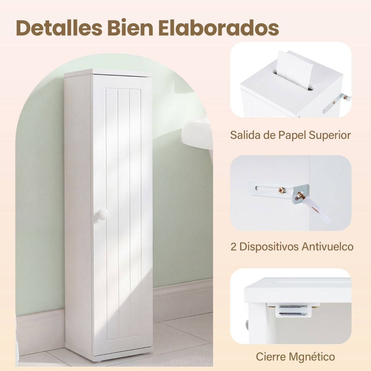 Mueble Baño Estrecho Con Orificio Papel Higiénico Puerta Pomo Estantes Extraíbles Organizador Espacios Reducidos Blanco
