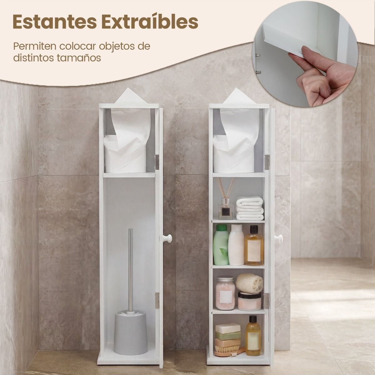 Mueble Baño Estrecho Con Orificio Papel Higiénico Puerta Pomo Estantes Extraíbles Organizador Espacios Reducidos Blanco