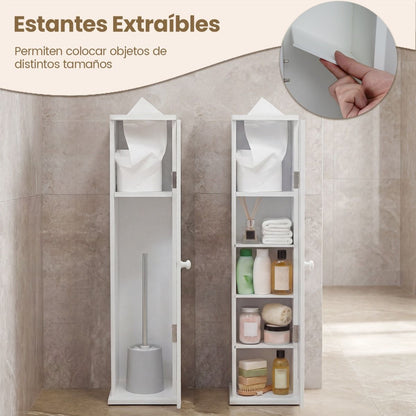 Mueble Baño Estrecho Con Orificio Papel Higiénico Puerta Pomo Estantes Extraíbles Organizador Espacios Reducidos Blanco